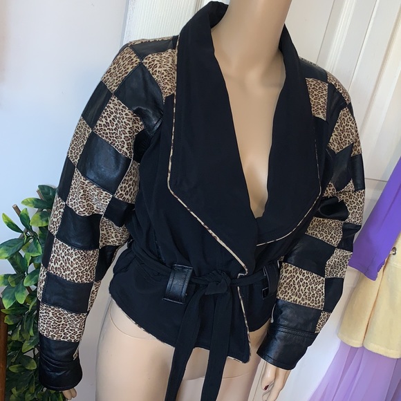 Vtg 80s rare unique leopard checked leather new wave  batwing wrap jacket L - Picture 9 of 15